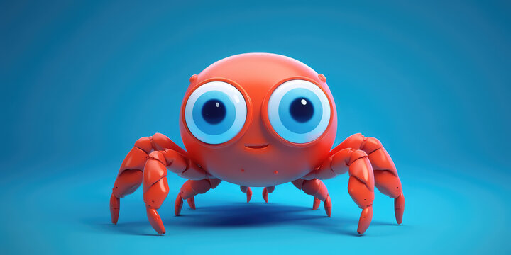 Cute red crab cartoon 3d character. Happy crab mascot with big eyes isolated on flat blue background with copy space. Cartoon animal illustration. 3d render Generative AI art.