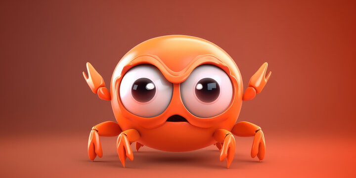 Cute angry red crab cartoon 3d character. Pretty crab mascot with big eyes isolated on flat red background with copy space. Cartoon animal illustration. 3d render Generative AI art.