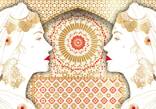 Arabic woman face mosaic vector illustration. White, Gold and Red colors