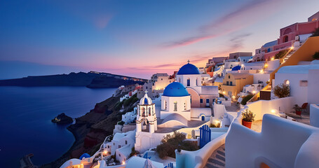 Obraz premium Beautiful view the blue domed churches in the village of Oia, Santorini, Greece, during dusk without people, Generative AI