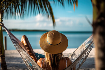 Fototapeta na wymiar view from behind woman wearing sun hat relaxing in hammock on tropical beach. Generative ai
