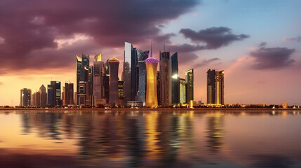 Fototapeta premium Panorama of Doha City Center Painted in Cloudy Twilight Hues. Generative AI