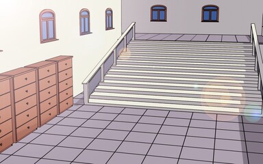 Anime or Webtoon Style: Building Interior with Stairs