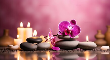 Spa still life with spa stones, burning candles and orchid. Generative AI