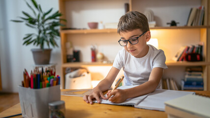 young boy child kid pupil study work on homework assignment at home