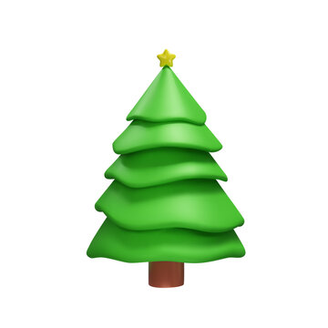 3d render illustration of Christmas trees with gold star. Decoration element for winter or summer seasons. Realistic plant for park. Vector illustration like decoration symbol in clay, plastic style