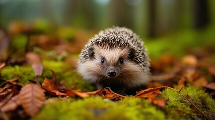 Fototapeta premium European Hedgehog, on a green moss in the forest, Cute funny animal with snipes. Hedgehog in dark wood, autumn image. Generative AI
