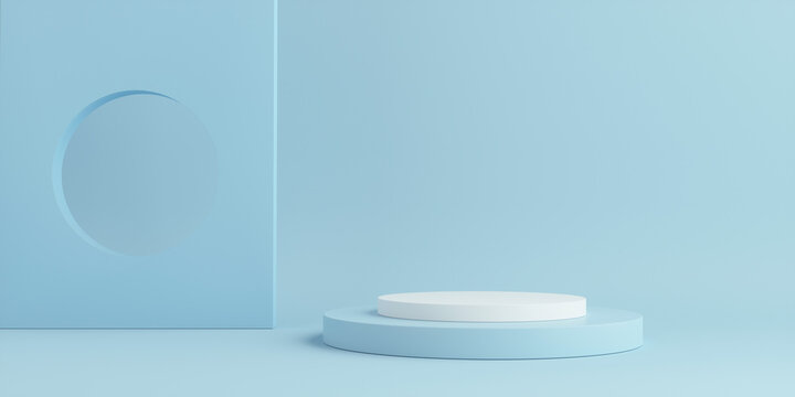 Product Podium - Blue & White Podiums, Blue Background. 3D Illustration