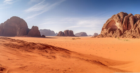 Fototapeta na wymiar The Breathtaking Panorama of a Red Sand Desert Embracing Mountainous Rocks. Generative AI