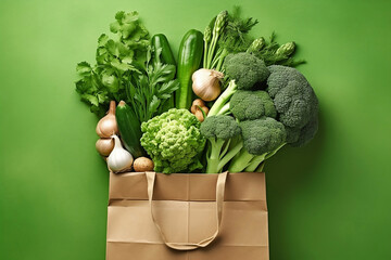 Autumn healthy vegetables in shopping paper eco package on fresh green background, top view. AI generated - 613576411