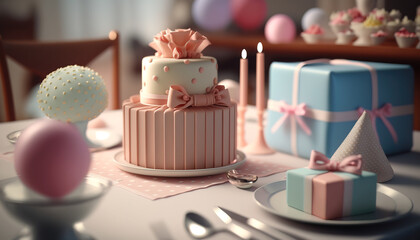 A playful and whimsical table adorned with playful decor and sweet treats, perfect for a child's birthday - ai generated