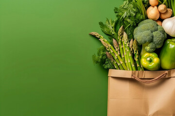Autumn healthy vegetables in shopping paper eco package on fresh green background, top view. AI generated