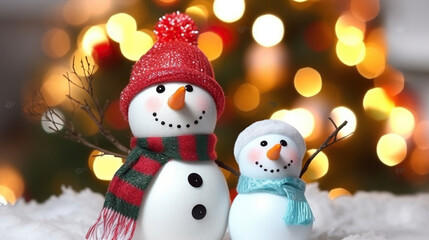 Fototapeta premium Festive snowman with Christmas light background, Generative AI