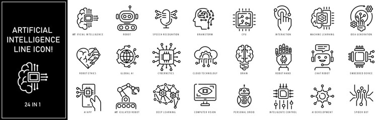 Artificial intelligence icons. Set of brain, robot, ai, head line icon - obrazy, fototapety, plakaty