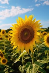 Fototapeta premium field of blooming sunflowers against blue sky, AI Generative