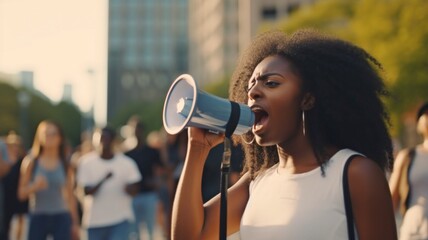 Young African American woman protesting against racism while raising her fist and using a megaphone.Generative AI