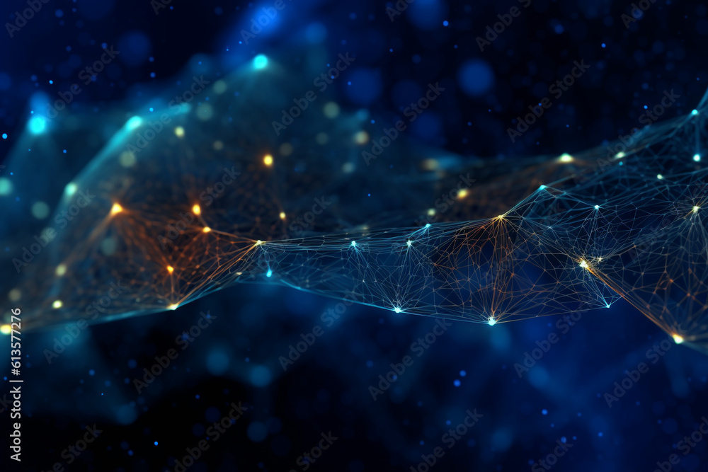 Poster abstract blue network background with lines and particles. high quality photo
