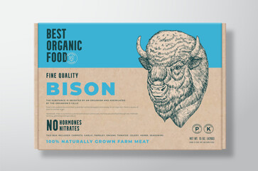 Organic Bison Meat. Vector Food Packaging Label Design on a Craft Cardboard Box Container. Modern Typography and Hand Drawn Buffalo Head Background Layout