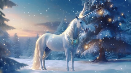 a unicorn with a sparkling, star-studded horn, decorates the Christmas tree or the snow on Christmas, Generative AI
