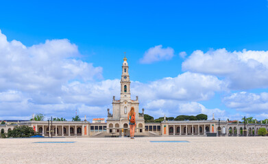 Fototapeta na wymiar Woman tourist in Fatima city landscape- Famous Basilica pilgrim, Portugal