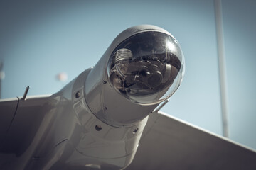 Camera in the head of an unmanned military drone close-up, modern military equipment - obrazy, fototapety, plakaty