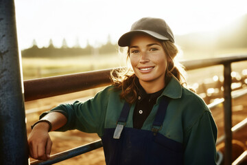 Candid shot of a proud and hardworking female farmer, authentically standing in her ranch, encapsulating the essence of dedication and agriculture, generative ai - obrazy, fototapety, plakaty