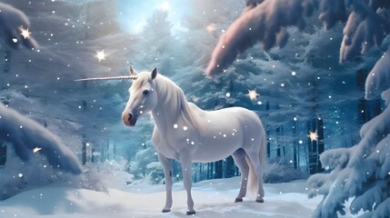 Naklejka na ściany i meble a unicorn with a sparkling, star-studded horn, decorates the Christmas tree or the snow on Christmas, Generative AI