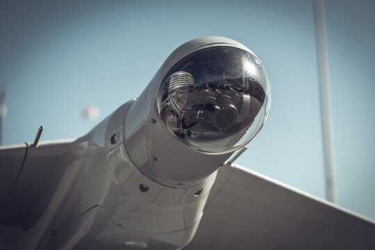 Camera In The Head Of An Unmanned Military Drone Close-up, Modern Military Equipment