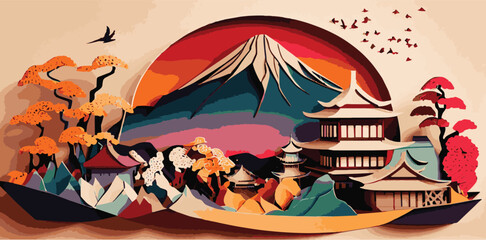 japan travel concept background painting with mt fuji - obrazy, fototapety, plakaty