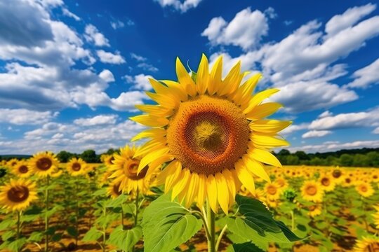 field of blooming sunflowers against blue sky, AI Generative