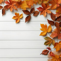 Autumn leaves on white wooden background. Top view with copy space (AI generated)