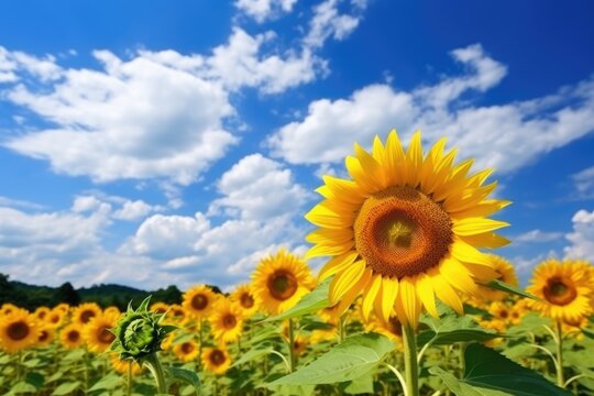field of blooming sunflowers against blue sky, AI Generative