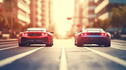 Car racing between two drivers that progresses to a city-street race concept.Generative AI - obrazy, fototapety, plakaty