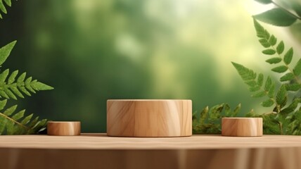 a wooden product display podium against a background of blurred leaves in nature.Generative AI