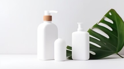 White cosmetic bottles with spa element and towel with palm leaf on white background. Generative AI