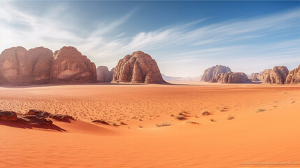 Fototapeta na wymiar Desert Symphony, A Captivating Vista of Mountains and Red Sands. Generative AI