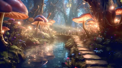Fotobehang Feeën en elfen Christmas forest full of magic and fantastic creatures like fairies, elves and magical animals, Generative AI  © Salsabila Ariadina