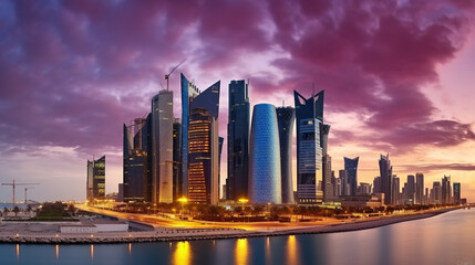 Fototapeta na wymiar Panorama of Doha City Center Painted in Cloudy Twilight Hues. Generative AI