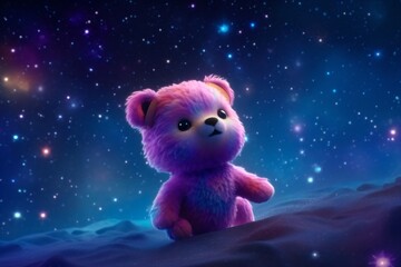 Obraz na płótnie Canvas cute little teddy bear by shining starry sky created with Generative AI technology