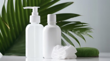 Obraz na płótnie Canvas White cosmetic bottles with spa element and towel with palm leaf on white background. Generative AI