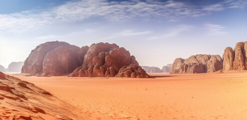 Naklejka premium Desert Symphony, A Captivating Vista of Mountains and Red Sands. Generative AI