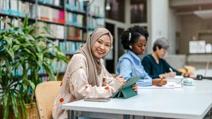 Multiethnic group of students sitting in a library and studying together
