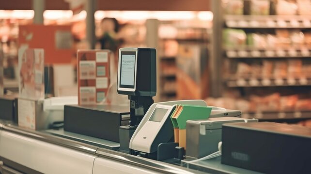 a bar code scanner at a self-checkout in a contemporary supermarket. Automated machines replacing cashiers is a job-loss concept.The Generative AI