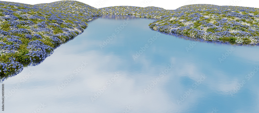 Poster realistic flower field and river. 3d rendering of isolated objects.