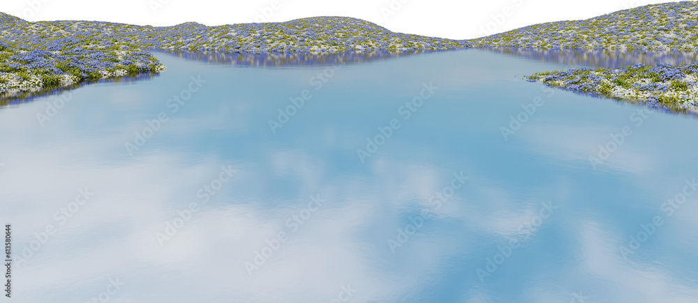 Poster realistic flower field and river. 3d rendering of isolated objects.