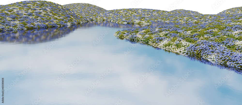 Poster realistic flower field and river. 3d rendering of isolated objects.