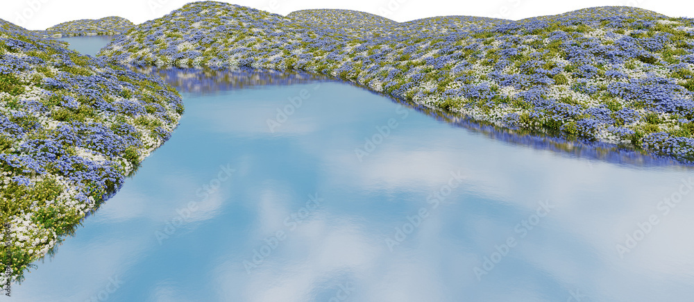 Fototapete realistic flower field and river. 3d rendering of isolated objects.