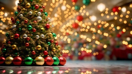 Christmas Tree, Red and Green Ornaments against a Defocused Lights Background, Generative AI