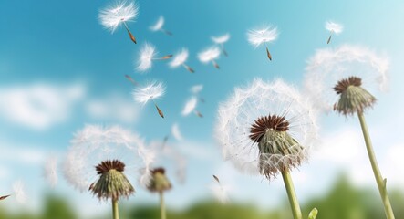 Obraz na płótnie Canvas Beautiful dandelions and flying seeds in blue sky on sunny day, Generative AI