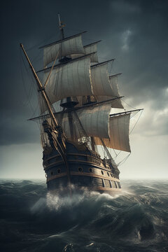 A huge pirate ship sails on a stormy sea generative AI technology © MaxSimplify